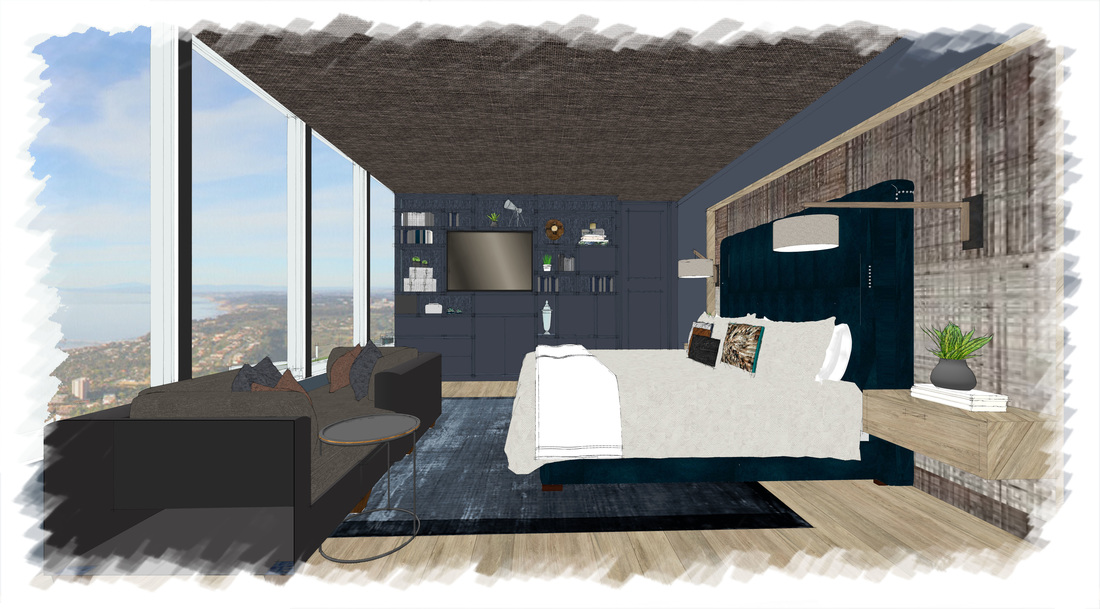 3D interior rendering of a hillside bedroom with floor-to-ceiling windows