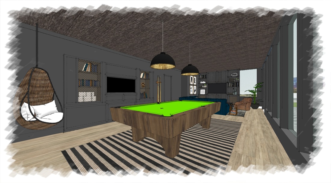 Interior rendering — game room with pool table