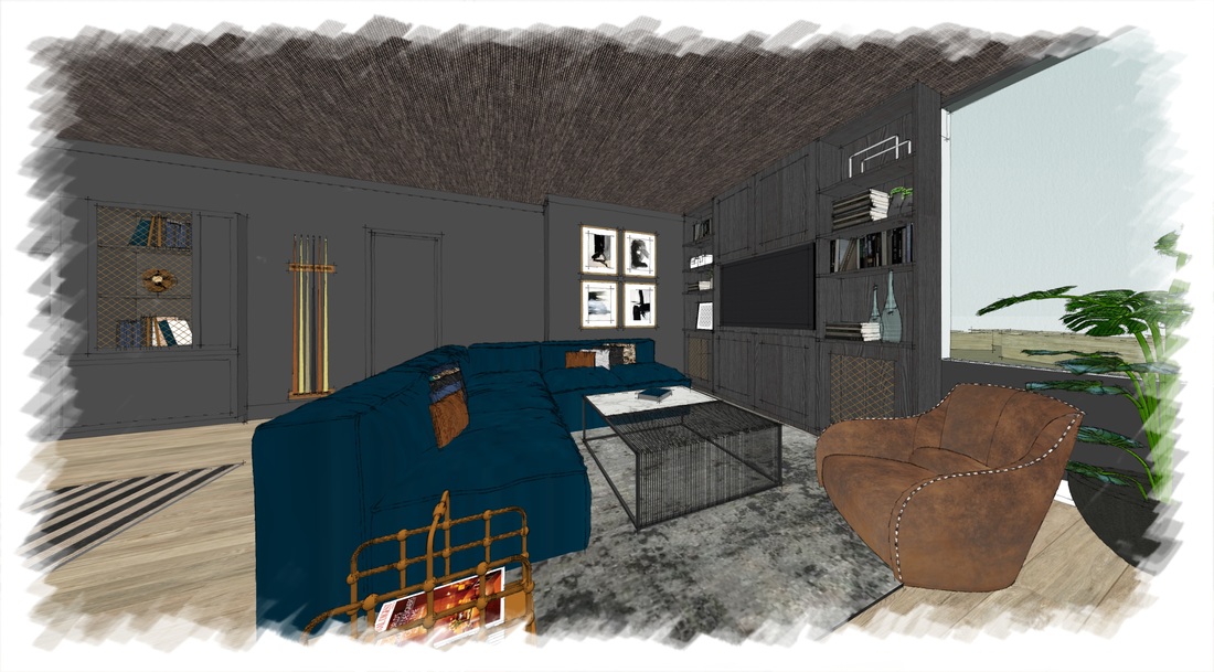 Interior rendering — living room with blue sectional