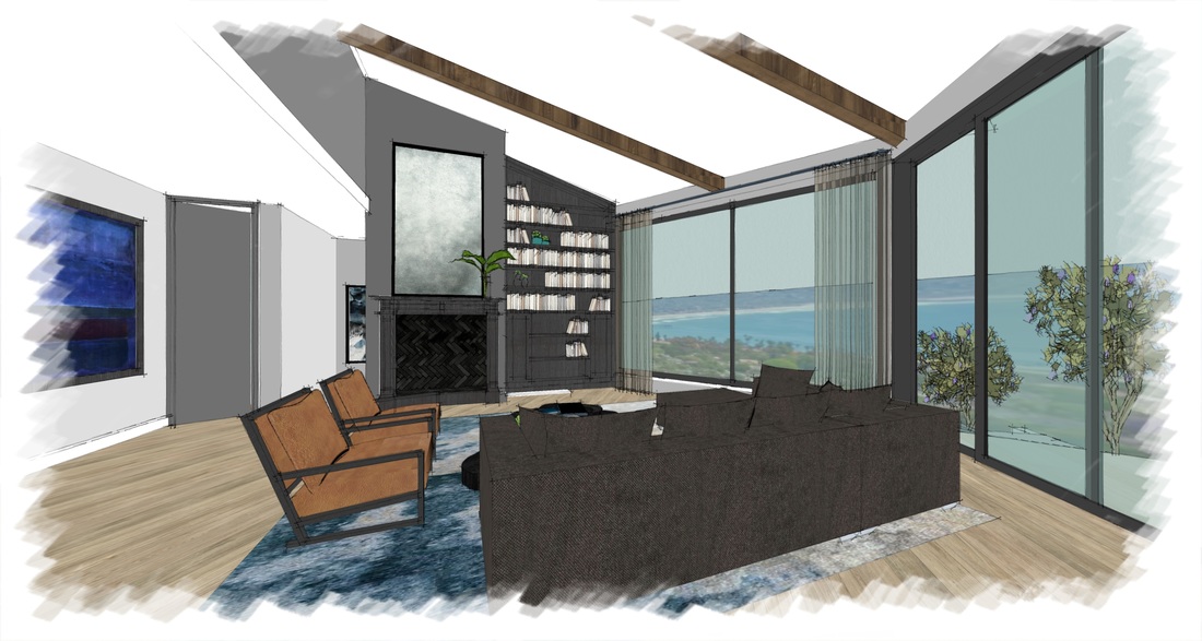 Living room with fireplace and ocean view