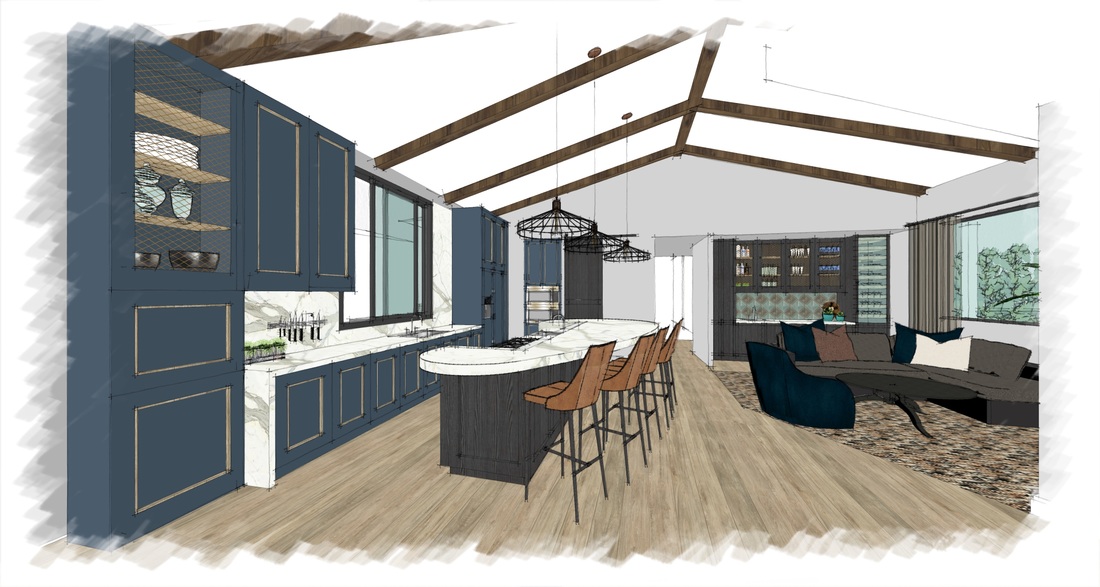 Kitchen with blue cabinetry and marble island