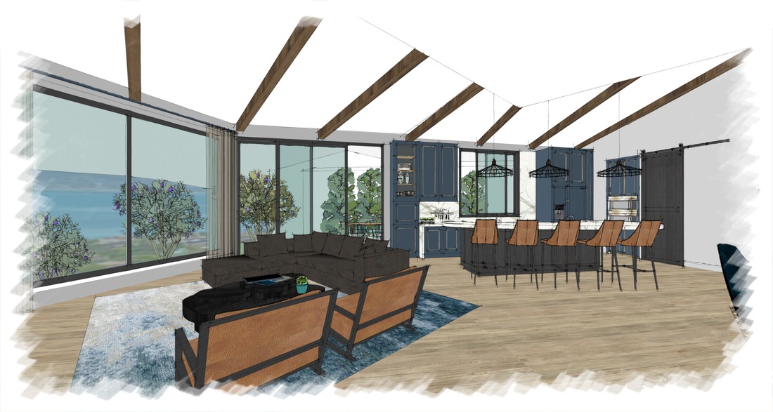 Great room and kitchen with ocean view
