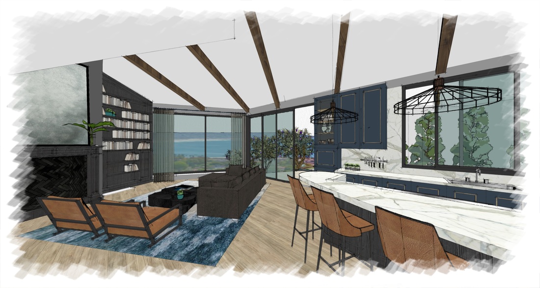 Kitchen and living with marble island